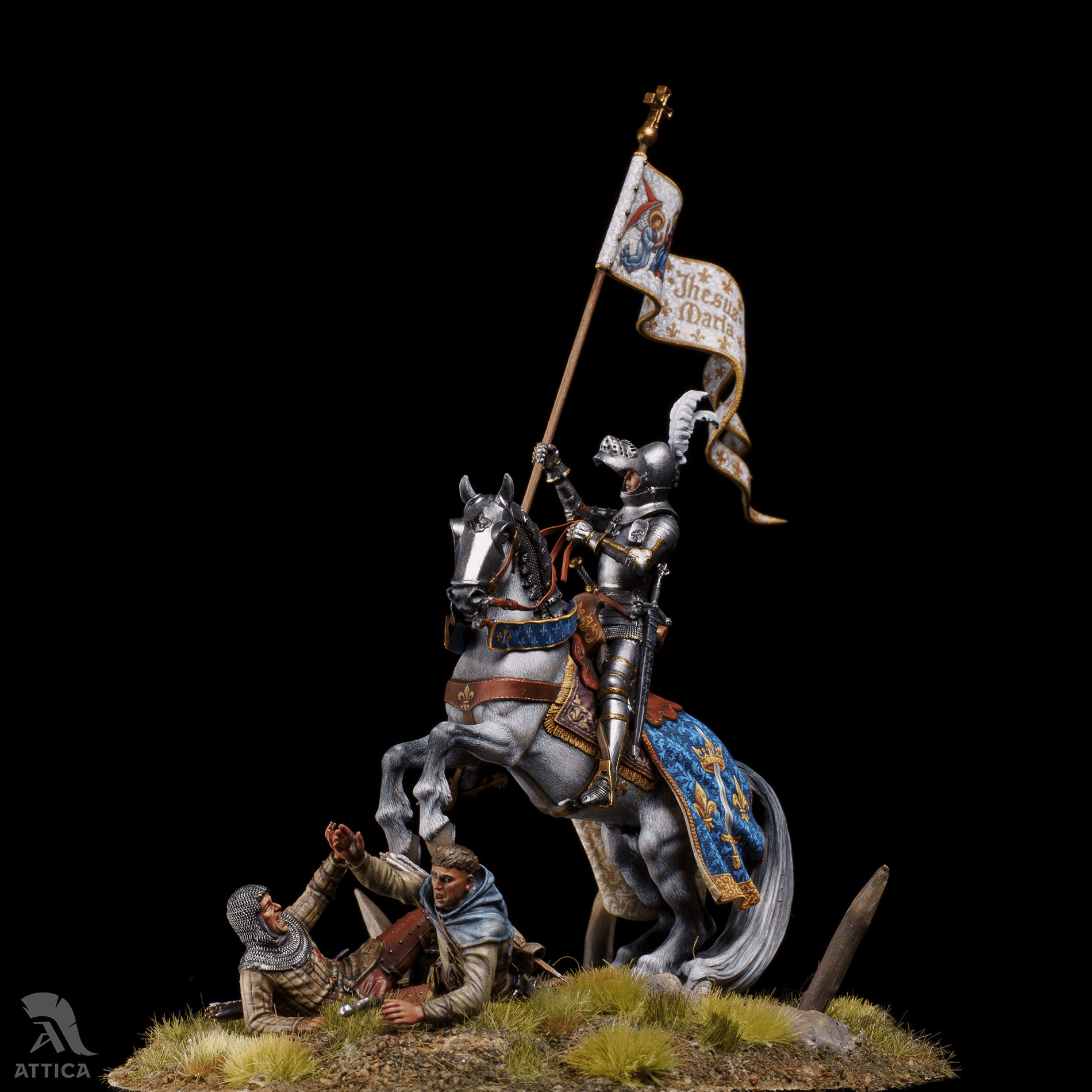 Two fallen English archers beneath Joan of Arc's horse