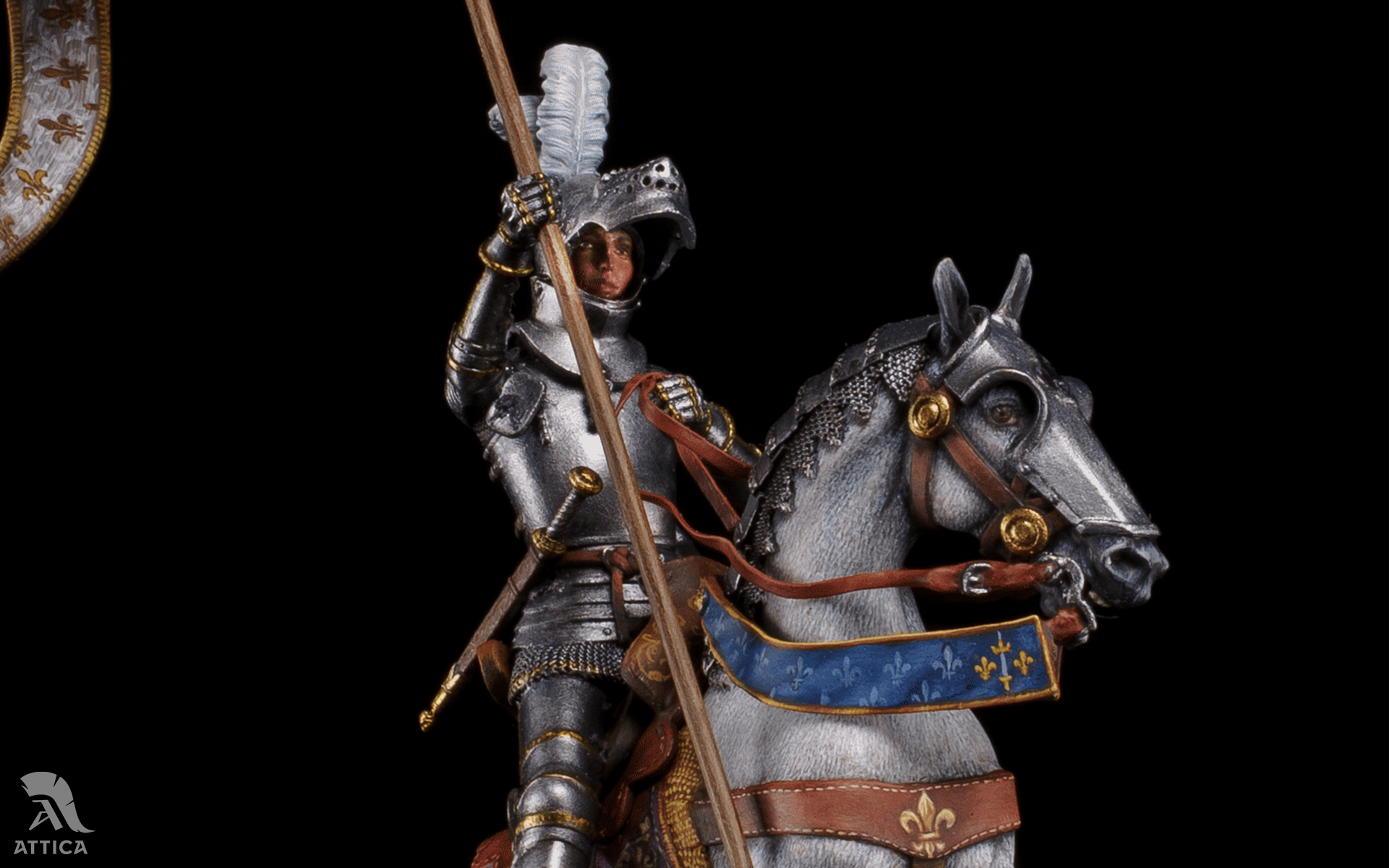 Joan of Arc miniature wearing a visored bascinet with white feathers