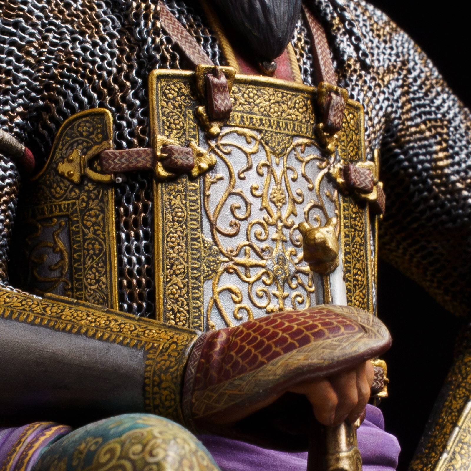 The four-plate armour was interpreted through its rectangular forms and gold ornament.