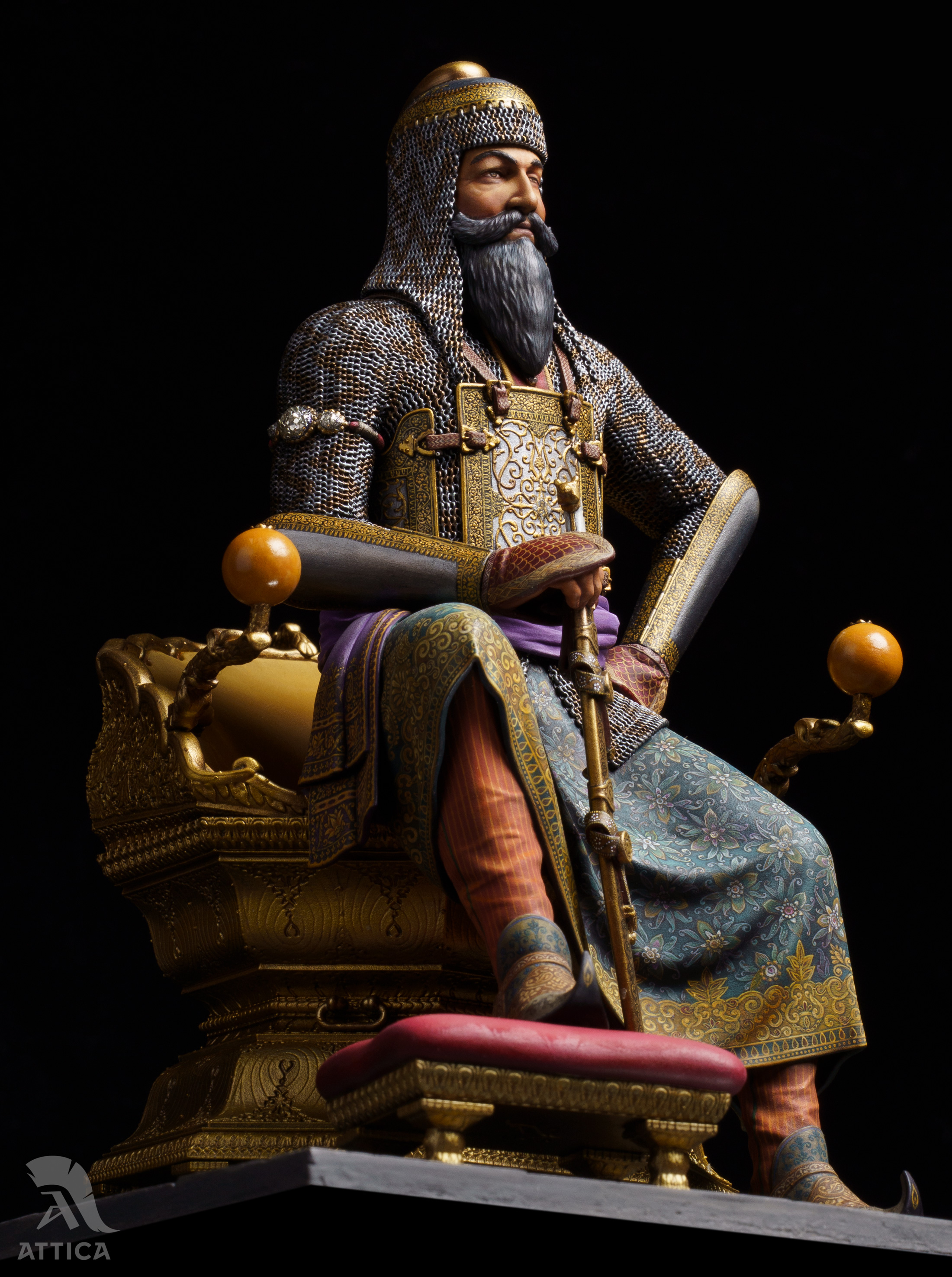 Maharaja Ranjit Singh miniature seated on throne in side view