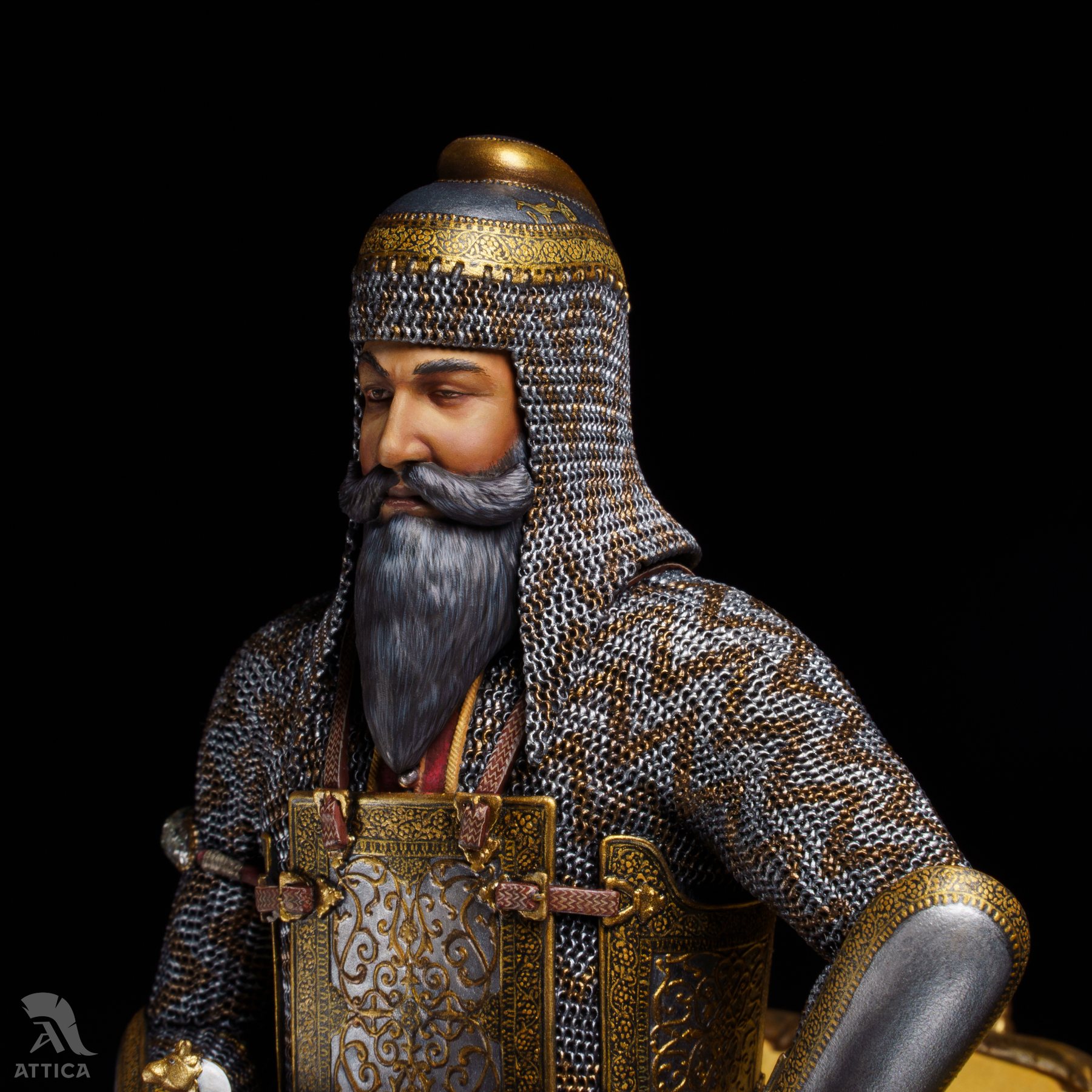 Close-up portrait of Maharaja Ranjit Singh miniature showing face and turban helmet
