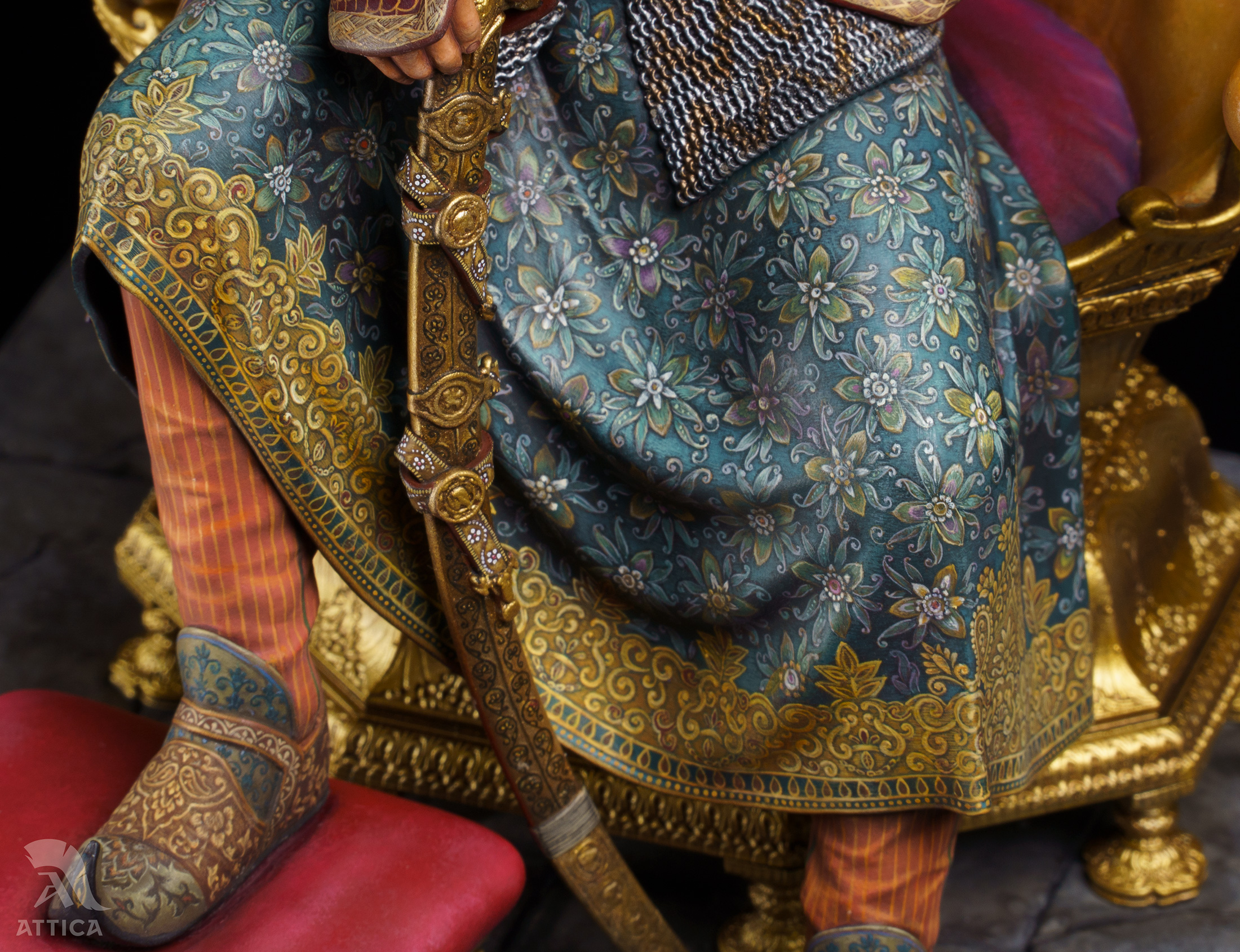 Close-up of unique floral garment pattern on Maharaja Ranjit Singh miniature